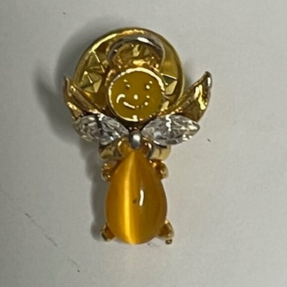 Angel of Happiness Gold Tone Rhinestone Wings Smiley Face Hat Vest Lapel Pin - Picture 1 of 14